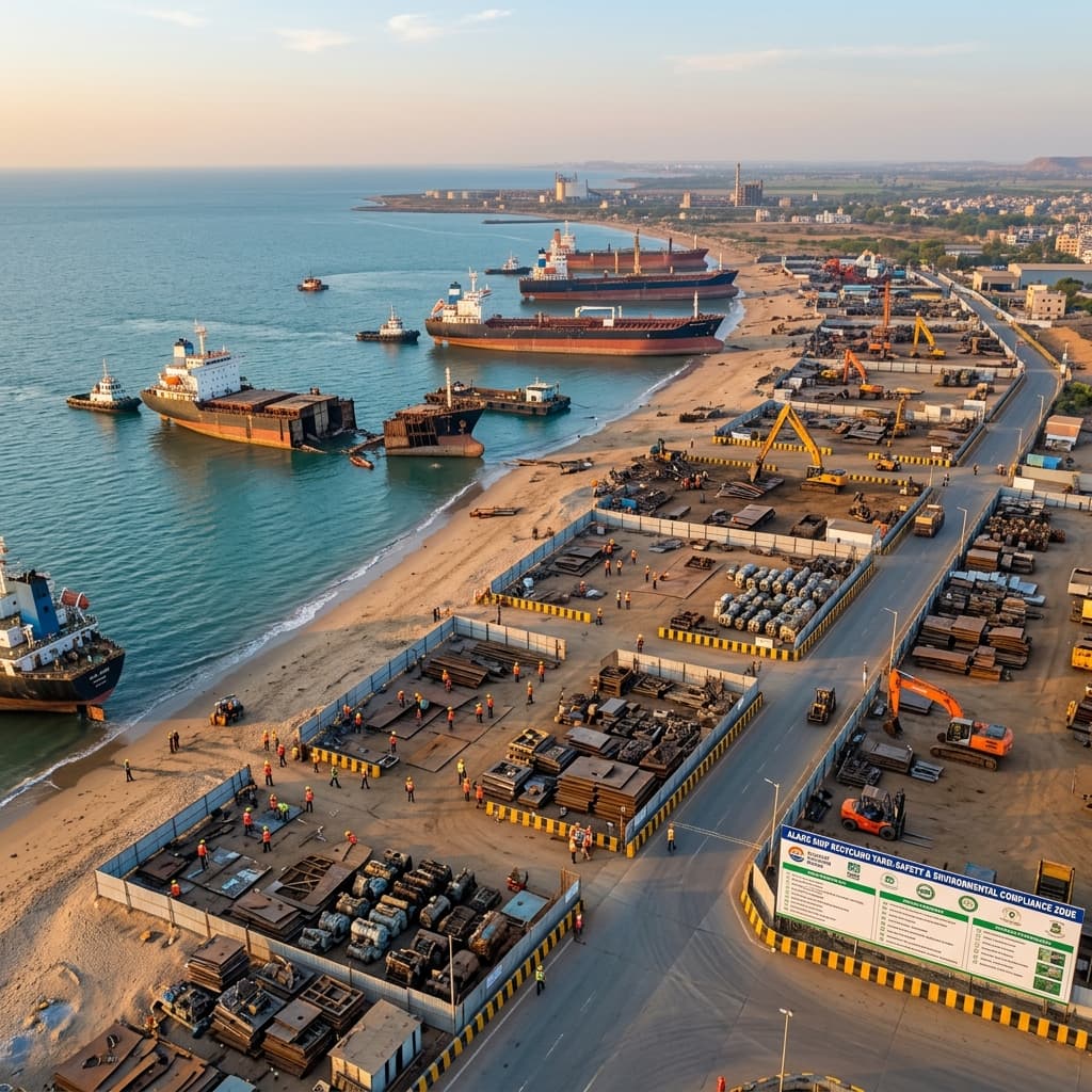 Aerial view of Alang ship recycling yard with organized work zones